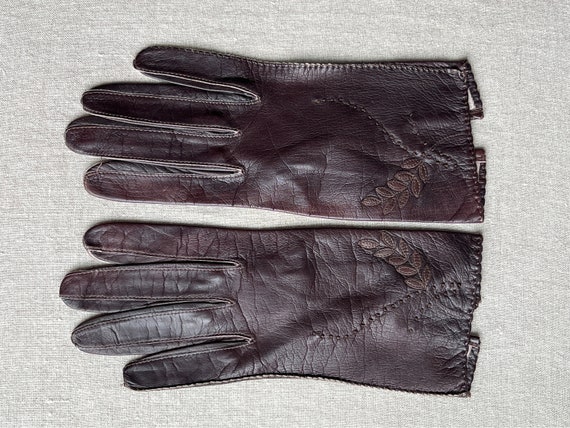 VTG NOS Dark Brown Appliqué Embroidered Kid Leather Gloves Aris German USA Zone 6.5
