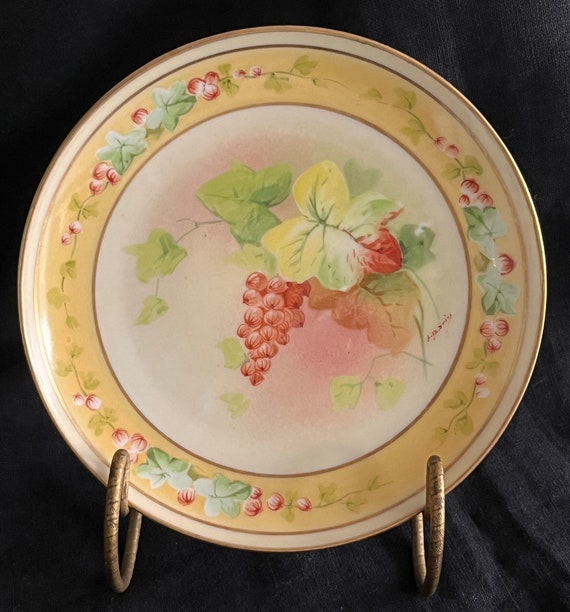Antique Limoges Hand Painted Plate Red Grapes Yellow Cream Russet Green Gold