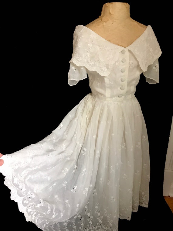 VTG MCM Wedding Dress White Organdy Broderie Anglaise Tea Length Eyelet Summer Spring XS