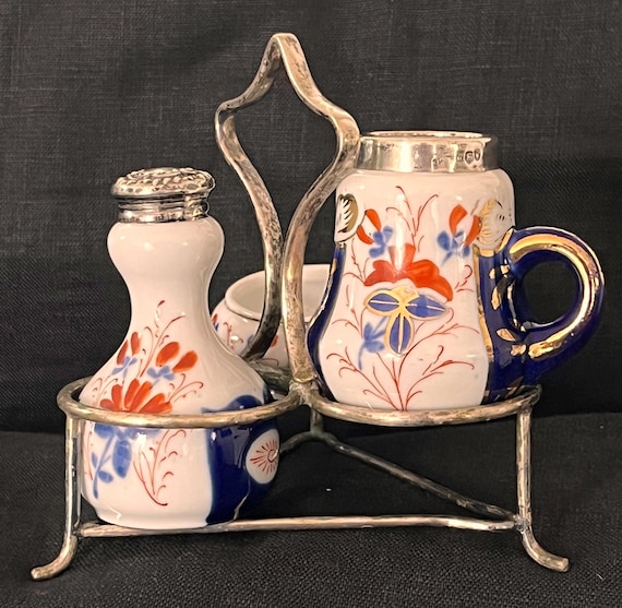 Antique Imari Porcelain Hand Painted Caster Set Sterling Iron Red Gold Blue England