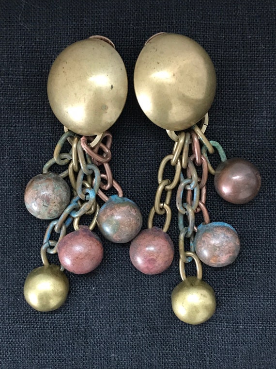 1980’s Dannah Earrings Copper Brass Patina Large Statement Chain Dangles Industrial Modernist Sculptural