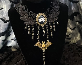 Lugosi Lace Choker Necklace, Bat Pendant, Gothic Vampire Jewelry