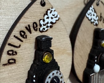Believe Train Earrings: Hand-Painted Etched Wood, Made-to-Order