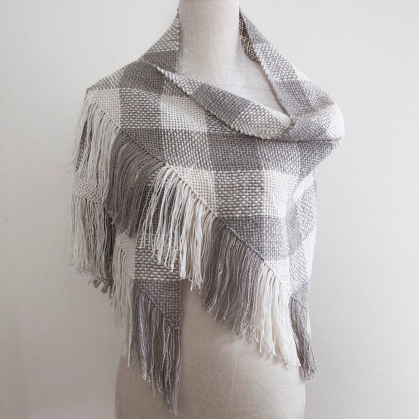 Handwoven plaid buffalo check cotton triangle shawl scarf 'Ocean Mist' light grey and white color