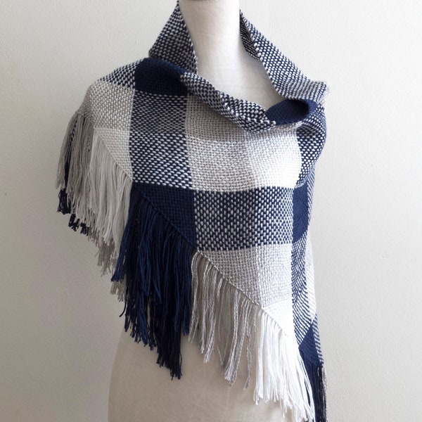 Handwoven plaid buffalo check cotton triangle shawl scarf 'Ocean Night' navy blue grey white