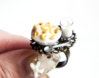 Cereals and Milk Ring- miniature food jewelry, cereals ring, breakfast ring