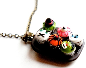 Halloween Cupcakes Platter Necklace- miniature food jewelry, cupcake necklace