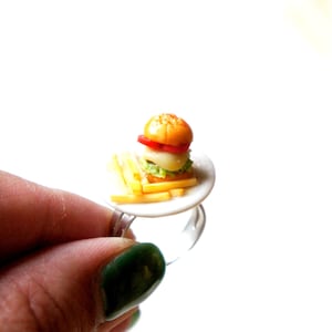 Burger and Fries Plate Ring-miniature food jewelry, fast food jewelry