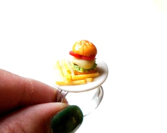 Miniature Burger and Fries Ring: Handmade Polymer Clay Food Jewelry