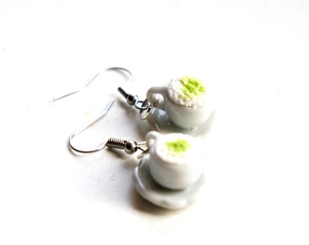 Green Tea Latte Earrings- food jewelry, miniature food