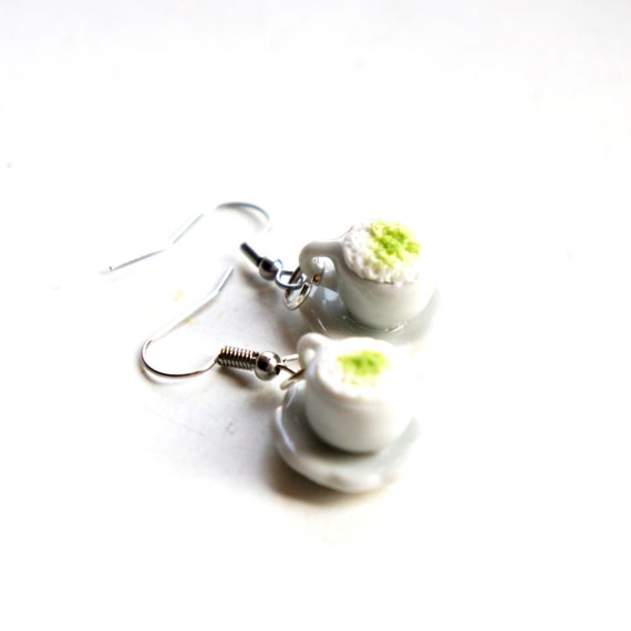 Green Tea Latte Earrings- food jewelry, miniature food