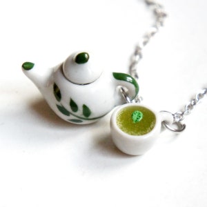 Miniature Ceramic Green Tea Set Necklace: Food Jewelry