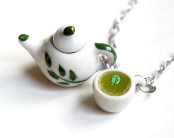 Green Tea Set necklace- miniature food jewelry, tea necklace, tea cup necklace, tea pot necklace