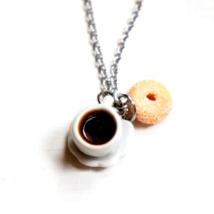 Sugar Donut and Coffee Necklace- miniature food jewelry, donut necklace, coffee necklace