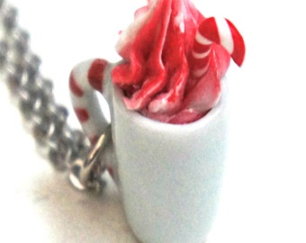 Candy Cane White Hot Chocolate Necklace- candy cane, coffee necklace, mocha necklace, holiday necklace