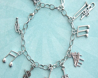 Music Lover Charm Bracelet- Tibetan silver charm bracelet, musician charm bracelet , band player charm bracelet