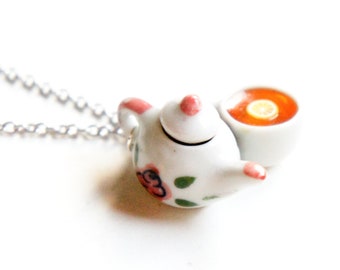 Rose Tea Set necklace- miniature food jewelry, tea necklace, tea cup necklace, tea pot necklace