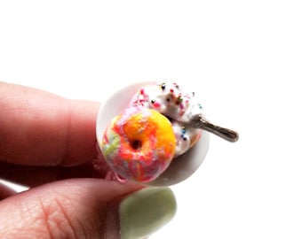 Rainbow Bagel Ring -miniature food jewelry, unicorn bagel