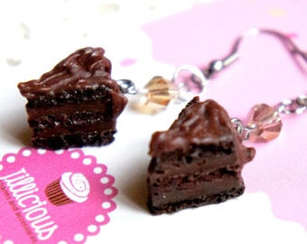 Chocolate Cake Slice Earrings: Miniature Food Jewelry, Swarovski Crystal Accent
