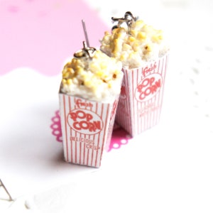Popcorn Dangle Earrings- miniature food, movie earrings, carnival jewelry