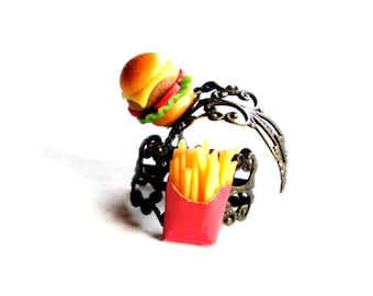 Burger and Fries Best Friends Ring- bff ring, friendship ring, miniature food jewelry