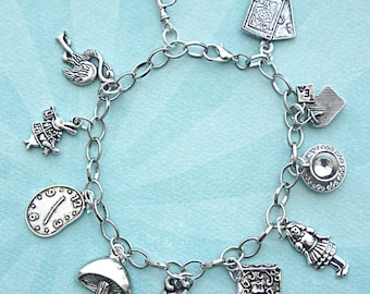 Alice in Wonderland Charm Bracelet- Tibetan silver bracelet, themed charm bracelet