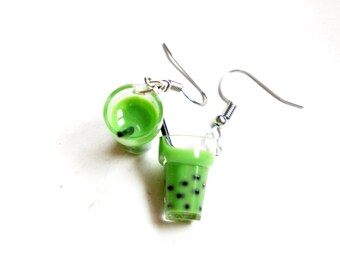 Matcha Green Tea Bubble Tea Earrings