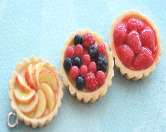 Fruit Tart Necklace- miniature food jewelry, berries tart, peach tart necklace