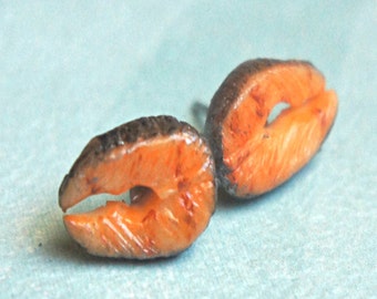 salmon earrings- miniature food jewelry, fish earrings, food earrings