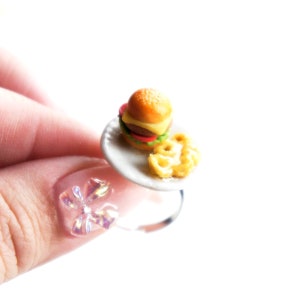 Burger and Onion Rings Ring-miniature food jewelry, fast food jewelry