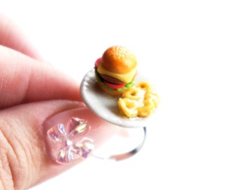 Burger and Onion Rings Ring-miniature food jewelry, fast food jewelry