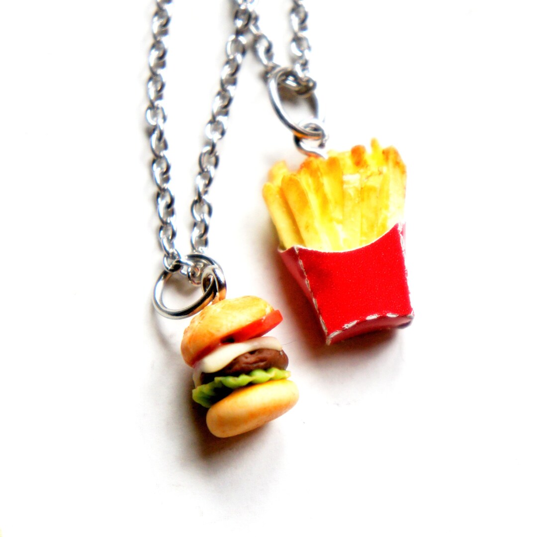 Handmade Polymer Clay Burger and Fries Friend Necklaces