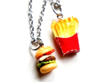 Burger and Fries Best Friends Necklace Set- bff necklace, friendship necklace, miniature food jewelry