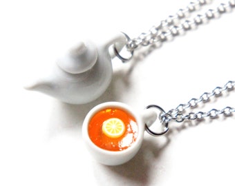 Tea Set Friendship Necklace- miniature food jewelry, tea necklace, tea cup necklace, tea pot necklace