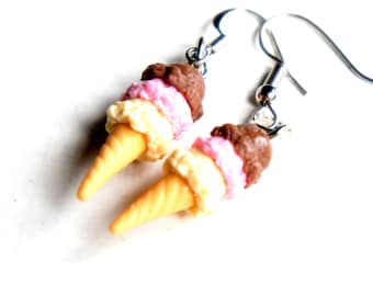 Neapolitan Ice Cream Earrings - miniature food jewelry, ice cream scoop earrings