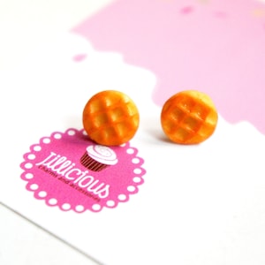 Belgian Waffle Stud Earrings- miniature food jewelry, breakfast earrings
