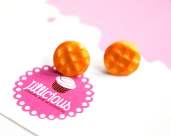 Belgian Waffle Stud Earrings- miniature food jewelry, breakfast earrings