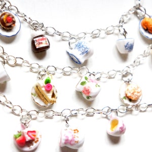 Tea Party Charm Bracelet- miniature food jewelry, tea pot charm