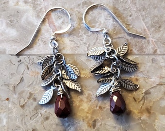 Garnet Earrings with Silver Leaves