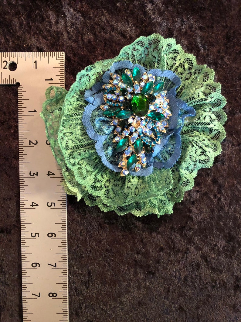 Blue and green vintage lace flower hair clip with vintage style brooch Mermaid theme