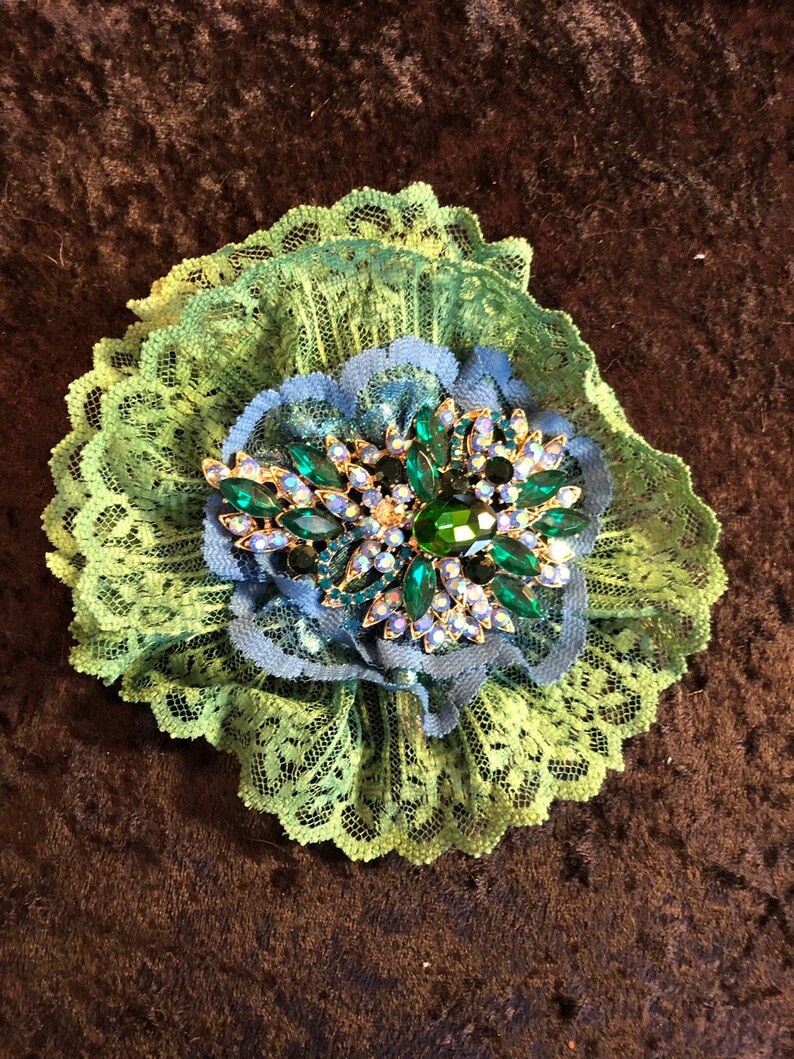 Blue and green vintage lace flower hair clip with vintage style brooch Mermaid theme