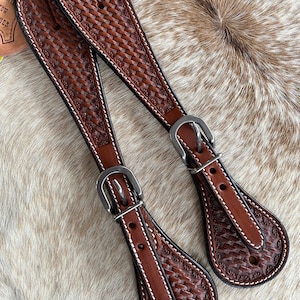 Pair Adult Size Top Grain Leather Western Basketweave Tooled Spur Straps FREE SHIPPING