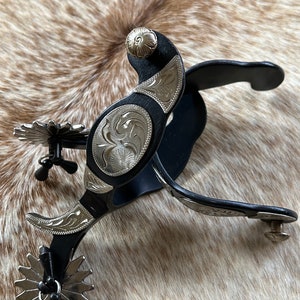 Pair Adult Size Black Steel Western Jingle Bob Spurs Engraved Silver Accents FREE SHIPPING