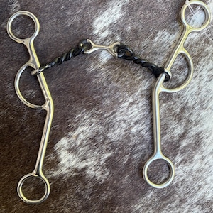 May include: A silver-colored horse bit with a black, twisted center section. The bit has a ring on each end and a curved design. The metal is shiny and reflects light, and the overall design is symmetrical.