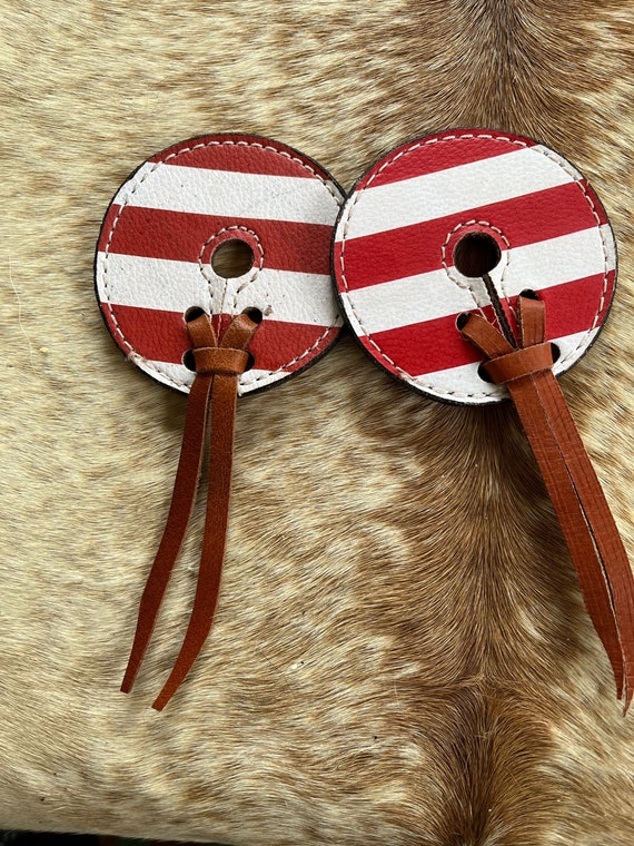 Red and White Bold Stripe Pair of Genuine Leather Bit Guards