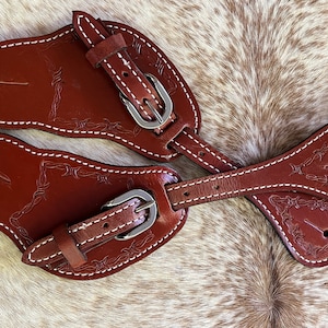 Pair Men’s Size Barbed Wire Tooled Genuine Leather Spur Straps FREE SHIPPING