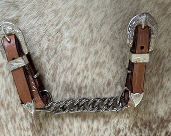 Light Oil Leather Western Curb Chain Engraved Silver Horse Size FREE SHIPPING