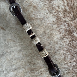 May include: A brown leather horse reins with white braided leather accents and silver buckles.