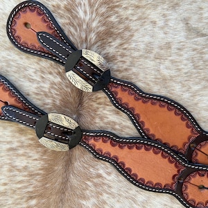 Pair Adult Tooled Edge Top Grain Leather Engraved Buckles Western Spur Straps FREE Shipping