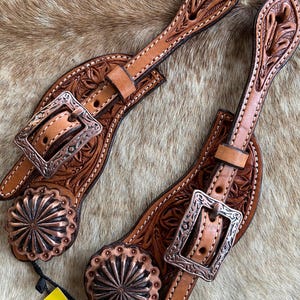 Pair Ladies Size Top Grain Floral Tooled Leather Western Tooled Spur Straps FREE SHIPPING